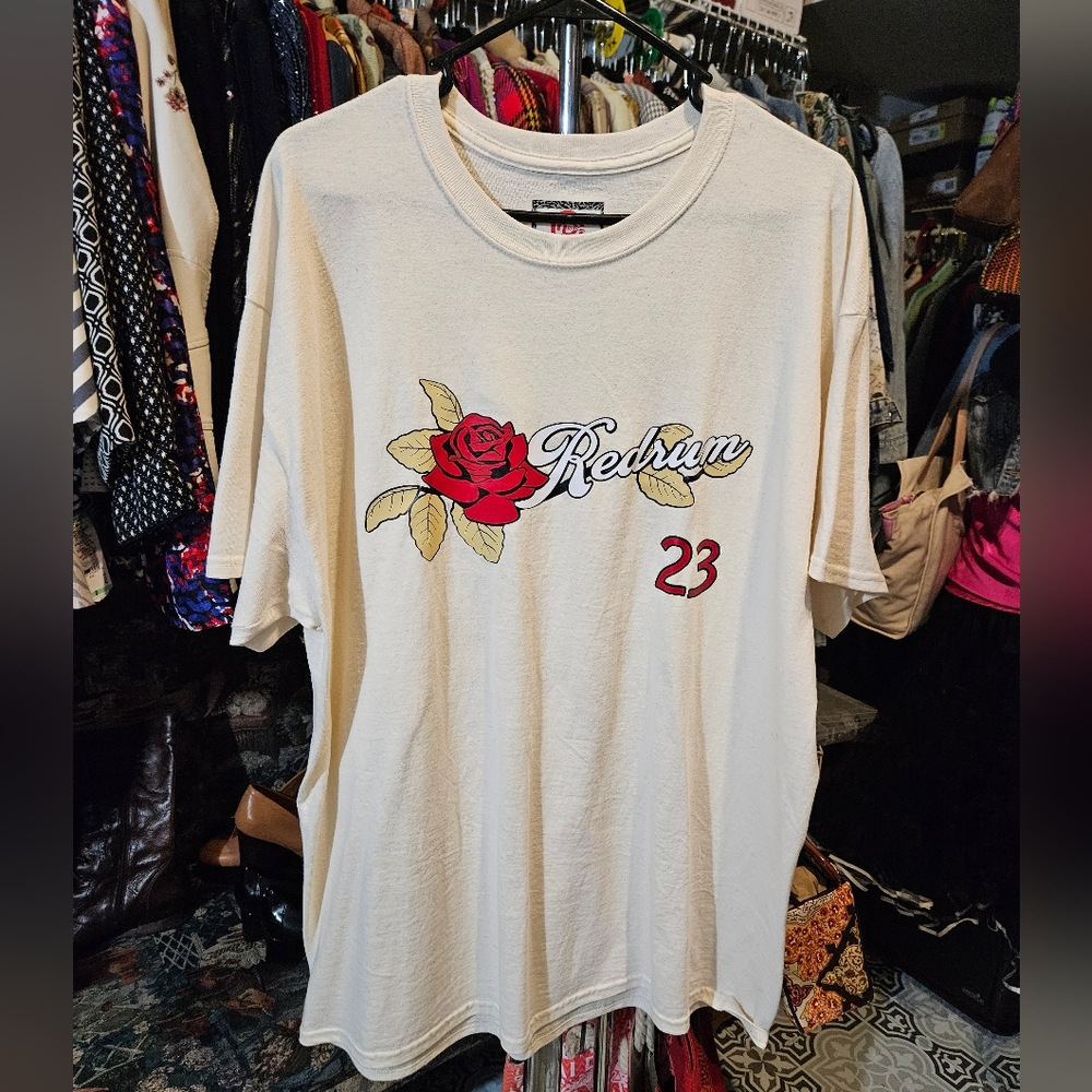 Cream Graphic T-Shirt with Red Rose Design
